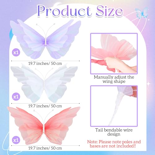 3 Pcs Large Butterfly Decorations 3D Silk Flying Butterfly (Butterfly / White, Pink, Purple)