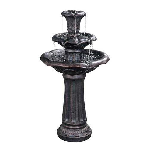 Lily Flower Floor Pedestal 3 Tiered Floor Waterfall Fountain with Pump for Outdoor Patio Garden Backyard Decking (38")
