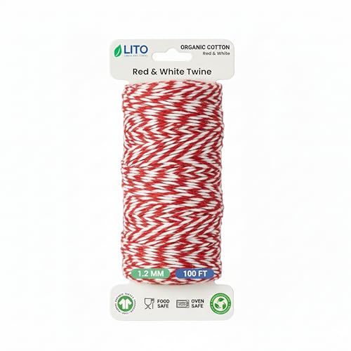 Red and White Organic Twine Cotton String (Red & White / 12 PLY- 100 FEET- Pack of 1)
