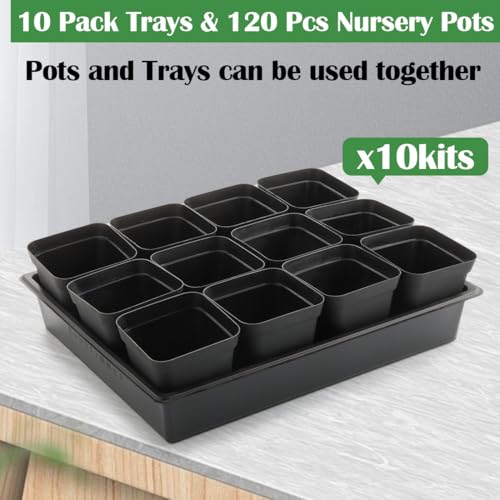 4 inch (10CM) Square Nursery Pots 120pcs, Sturdy Seedlings Trays 10 Pcs, Seeds Starter Germination Tray, Microgreening Planter Nursery Propagation 10 Sets (4" Pots-120P + 16.2" x 13.2" x 2.6" Trays-10P)