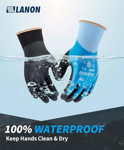 LANON 2 Pairs Waterproof Work Gloves for Men and Women (Blue&black / Small)