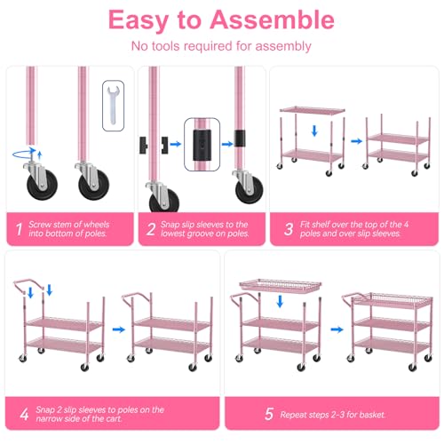 Pink Rolling Utility Cart with Wheels (Pink-3 Tier)