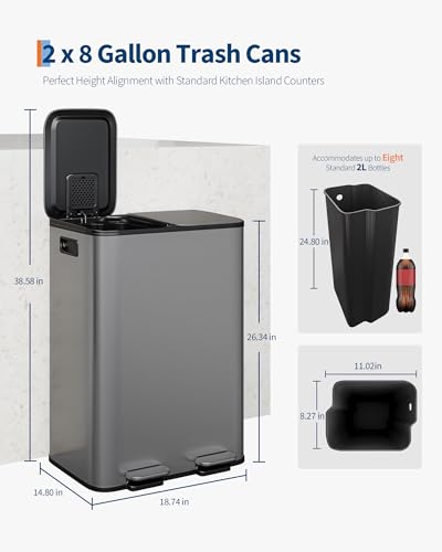 2x8 Gal Dual Kitchen Trash Can Stainless Steel Step Pedal Gray (Matte Grey / 2 x 8 gallon)