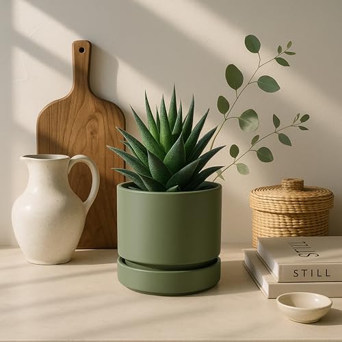 4 Inch Planter Pot with Drainage Hole & Saucer (4" (3 Pack) / Olive)