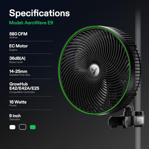 AeroWave E9 Grow Tent Auto Oscillating Clip Fan (9" Clip Fan-1 Pack)
