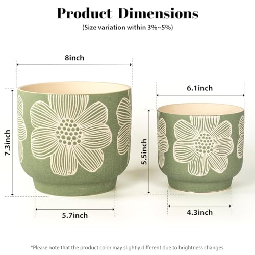Ceramic Plant Pots (8+6 Inch / Modern Green Floral)