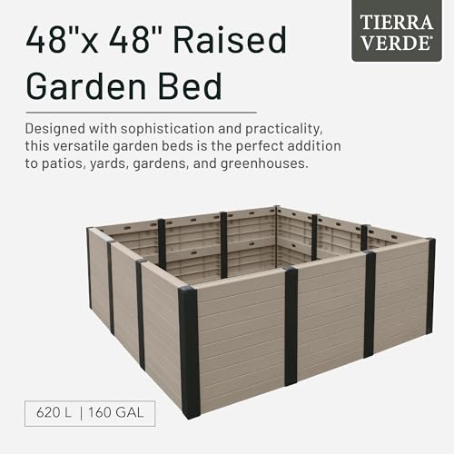 48-Inch x 48-Inch Raised Garden Bed with Tool-Free Connect System and Crafted from Recycled Materials, for Patios or Decks, Khaki (Khaki / Garden Bed)