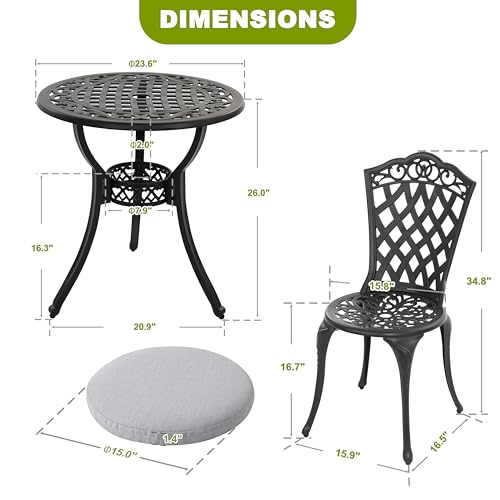 3 Piece Patio Bistro Set Outdoor Cast Aluminum Bistro Table and Chairs Set of 2 (Gray Cushion / Pattern B)