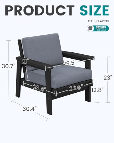HDPE Patio Furniture Set with 33” Square Fire Pit Table (Black/Grey)
