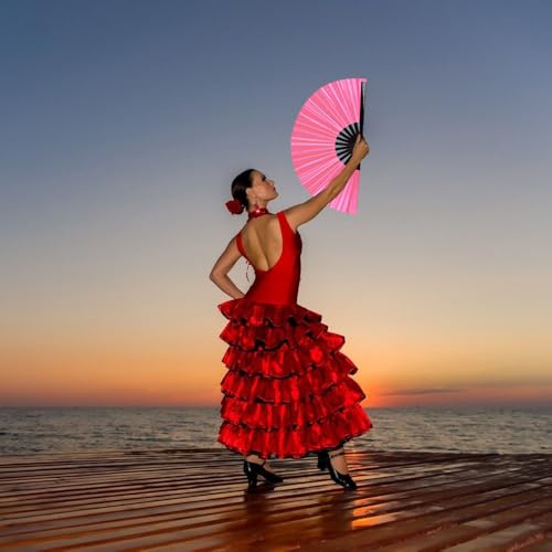 Large Holographic Folding Hand Fan for Line Dance (Pink)