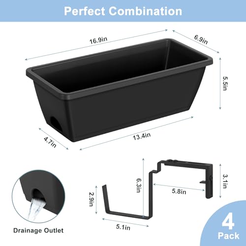 4 Pack Window Boxes Planters Railing Planter Box with Adjustable Brackets (Black+black Brackets)