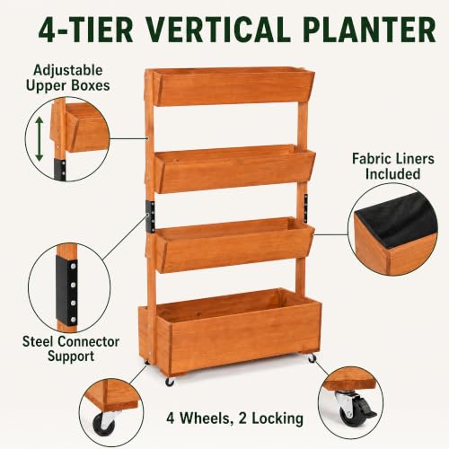 4 Tier Wooden Vertical Raised Garden Bed Outdoor with Wheels (Brown / W33.5× D18× H55in)