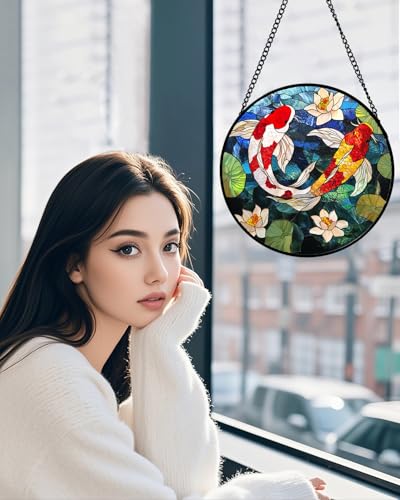 Stained Glass Window Hanging Carp Suncatcher Gifts for Women 9.8" (Red and White / 9.8x9.8 IN)