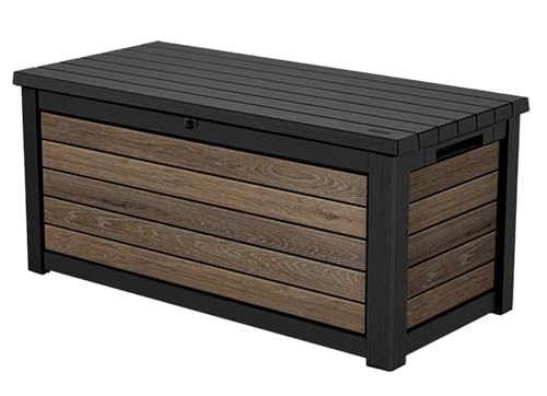 Signature Collection 165 Gallon Resin Deck Box Organization and Storage Box for Patio Outdoor Cushions (Walnut / 165 Gallon)