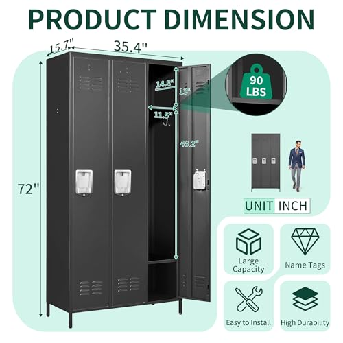 3 Doors Metal Employee Locker (3 Door-Upgraded / Black)