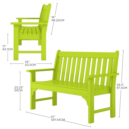 Garden Bench Farmhouse Park Front Porch for Entryway Bench Outdoor Seating Low Bench Patio Bench Outside (Lime / 51IN)