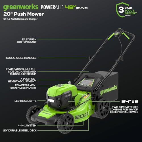 48V (24V x 2) 20in Push Lawn Mower, (2) 4.0 Ah Batteries Kit