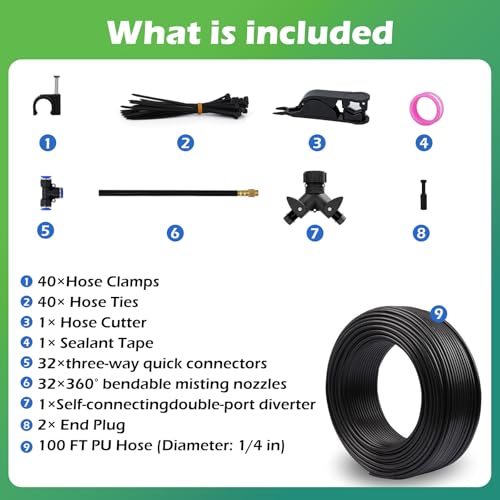 Drip Irrigation System 100 FT with 32 Nozzles (100 ft PU hose (1/4 in OD, 6mm))
