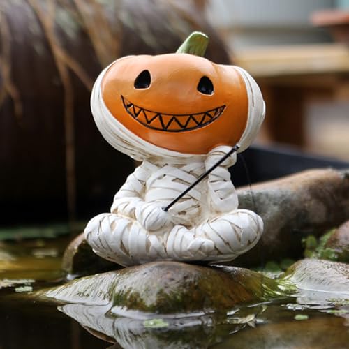 Fishing Pumpkin Head Mummy Statue Funny Halloween Decorations