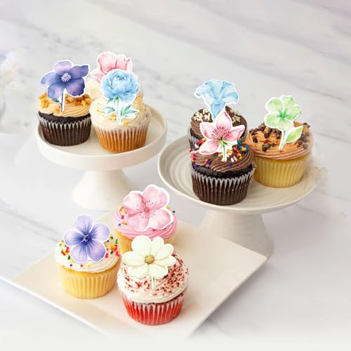 60 PCS Edible Flowers Cupcake Toppers Wafer Paper Daisy Rose Flower Cherry Cupcake Toppers Edible Flowers Cake Decorations for Baby Shower Wedding Birthday Valentine's Day Party Decorations Supplies (Pattern 2)