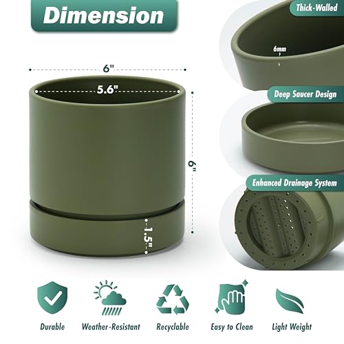 6 Inch Planter Pot with Drainage Hole & Saucer (6" (2 Pack) / Olive)