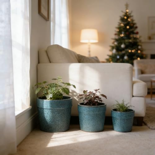 Ceramic Plant Pots Set of 3 Size (Antique Blue)