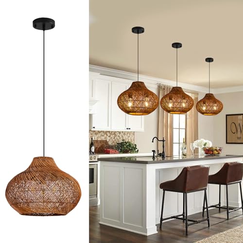 15" Rattan Pendant Light (Metal+Brown / 14.96" 2-Light)