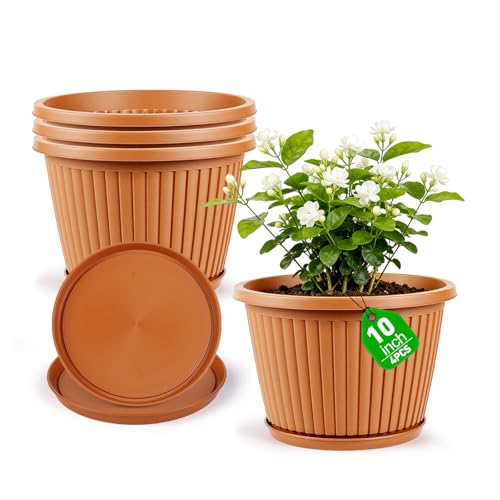 Planter-Pots-for-Plants-Indoor-Outdoor, 4 Pack 10 Inch Plastic Flower Pots with Saucer & Drainage Holes, Modern Garden Planters for Planting Medium Large Plants，Decorative Resin Garden Pots (Terracotta / 10 inch)