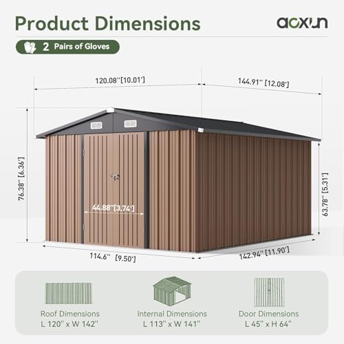 12 x 10FT Outdoor Storage Shed with Solar (Brown / 10'x12')