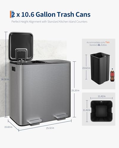 2 x 10.6 gal Stainless Steel Double Trash Can with Lid for Kitchen (Matte Grey / 2 x 10.6 Gallon)
