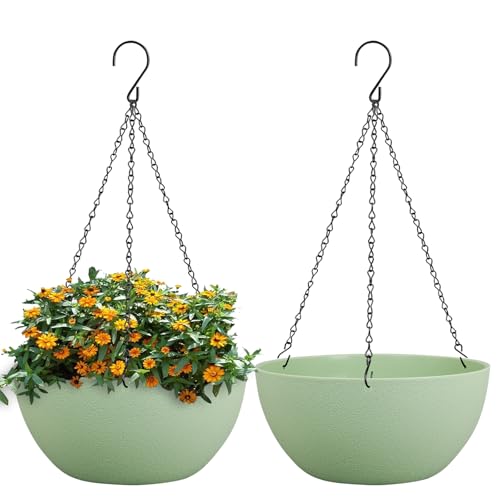 13 inch Large Hanging Planters Plant Pots for Outdoor Indoor Plants with Drainage Holes and Chain (2 Count)