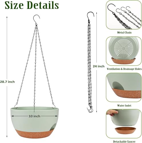 2 Pack 10 Inch Self Watering Hanging Planter for Indoor Outdoor Plants (Green / 10 inch)