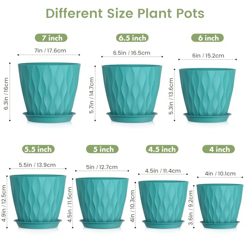 7/6.5/6/5.5/5/4.5/4 inch Plant Pots for Indoor Outdoor Plants, 7 Pack Thick Flower Pots with Drainage Holes and Saucers, Modern Wave Texture Small Plastic Planters Nursery Pots, Blue Green (Blue Green / 7+6.5+6+5.5+5+4.5+4 inch 7 pieces)