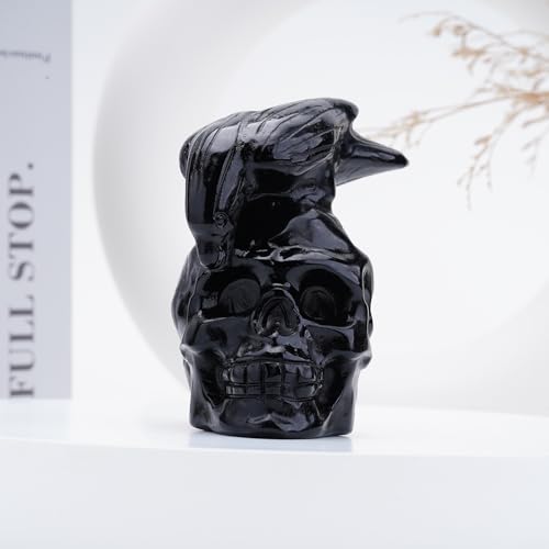Natural Black Obsidian Crystal Skull and Crow Head Hand Carved Reiki Healing Stone Statue Healing Home Office Art Room Decoration (Obsidian / 3inch)
