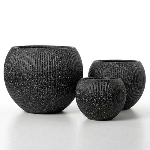 Premium Mt Sherman Fiberstone Sphere Planter for Indoor Outdoor Use (Ribbed Black / Medium 16.1''D x 13.6''H)
