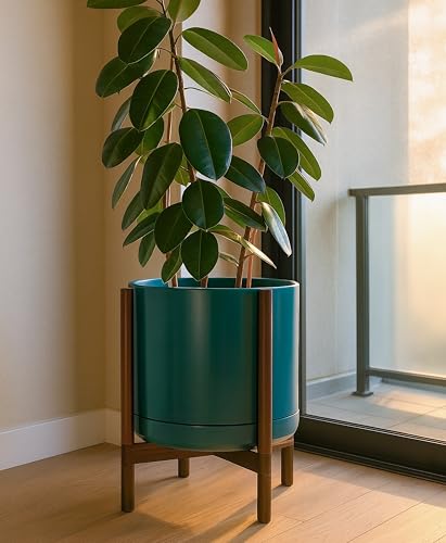 Ceramic Pot with Walnut Wood Stand (14 Inch / Teal Pot + Walnut Color Stand)