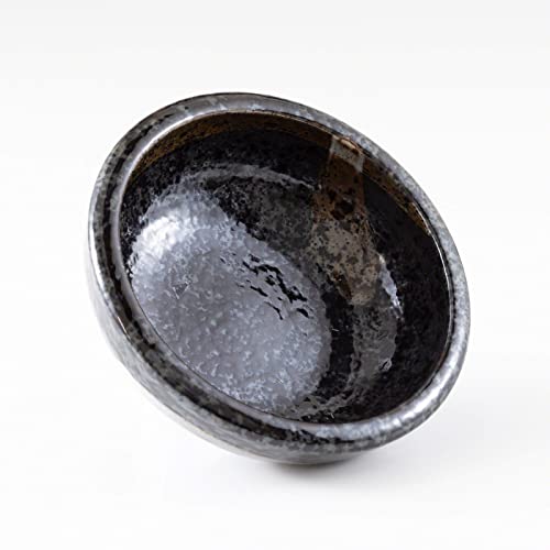 Minoyaki Series Small Round Glazed Ikebana Flower Vase (5.04 x 5.04 x 1.89 inches / Black With Brown White Brush)