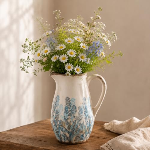 Vintage Blue & Beige Floral Ceramic Pitcher Vase with Handle 8.7”