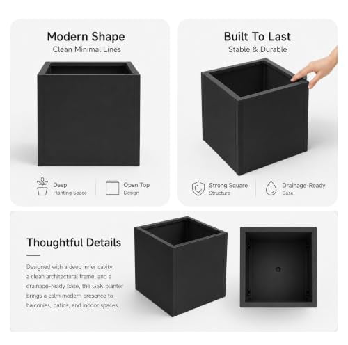 Galvanized Steel Black Metal Square Planter for Indoor Outdoor Set of 2 (Black / 13.8"H×13.8"W×13.8"L)