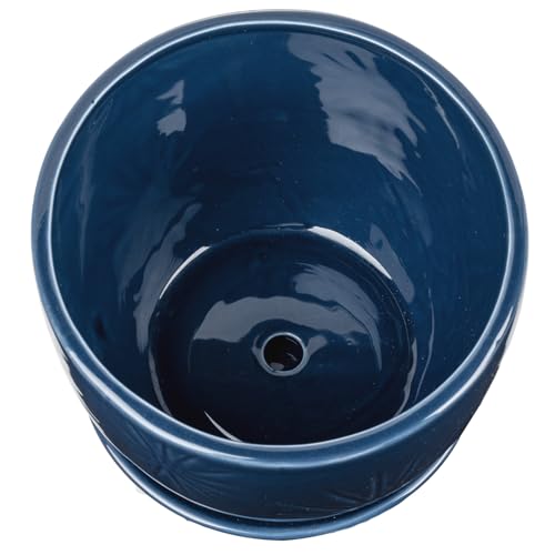 7 Inch Round Blue Ceramic Plant Pot with Drainage Hole and Attached Saucer (Blue)