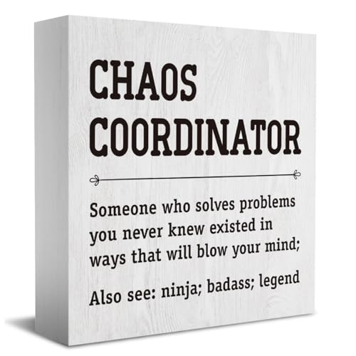 Chaos Coordinator Thank You Gifts Office Decor Funny Motivational Desk Decor Gifts for Coworkers Boss Manager Appreciation Rustic Wooden Box Sign for Table Top Office Bookshelf White (white- Chaos)