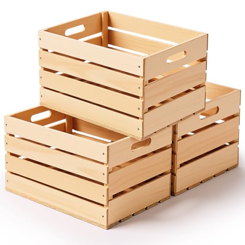 3 Pack Large Wood Crates Box for Storage 12 x 10 x 8 Inch Unassembled Wooden Milk Crates with Handle Decorative Nesting Box for Display Rustic Decor DIY Office Home Retail Art Craft (Wood / 12 Inch)
