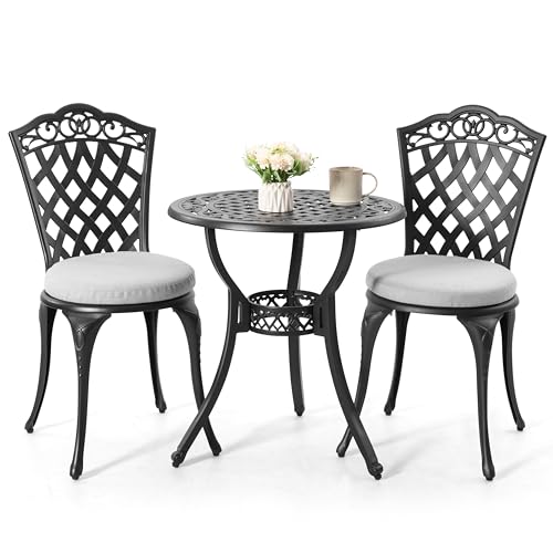 3 Piece Patio Bistro Set Outdoor Cast Aluminum Bistro Table and Chairs Set of 2 (Gray Cushion / Pattern B)