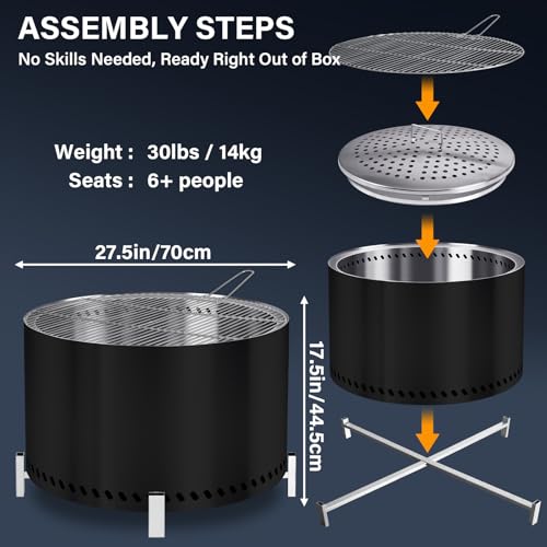 28" Smokeless Firepit with Stand & Grill Rack (Black / 28 Inch Black)
