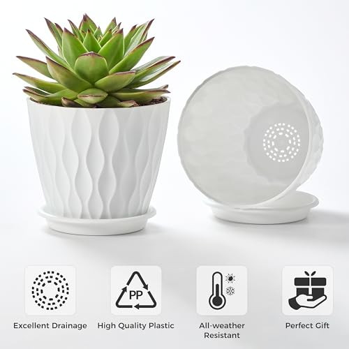 6-Pack 6-Inch Plastic Plant Pots with Saucers | Thickened PP Material, Modern Wave Texture, Enhanced Drainage for Indoor/Outdoor Garden Plants | White Value Set (White)