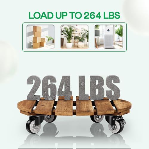 Combo 12 Inch and 14 Inch Acacia Wood Rolling Round Planter Caddies for Plant Pots (Round Wood Walnut / 12 + 14 Inch)