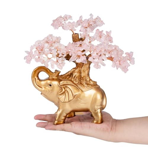 Rose Quartz Crystal Money Tree on Gold Mini Elephant Statue (Rose Quartz / 10 inches Tall)
