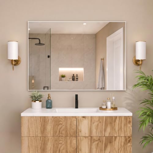 No-Nail Self-Adhesive Wall NanoMirror, 31 x 47 in, White (White / 47"L x 31"W)