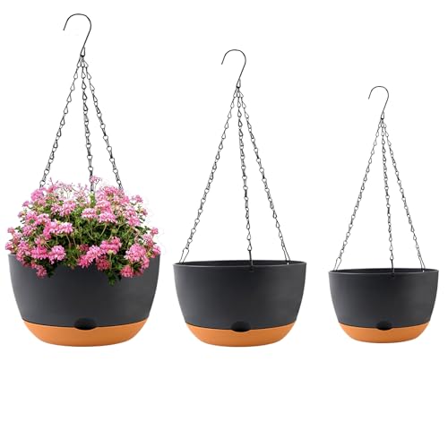 8/10/12 inch Plant Pot Hanging Planters, 3 Pack, Black (Black / 8/10/12 inch)