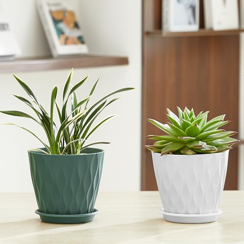 6-Pack 6-Inch Plastic Plant Pots with Saucers | Thickened PP Material, Modern Wave Texture, Enhanced Drainage for Indoor/Outdoor Garden Plants | White Value Set (White)